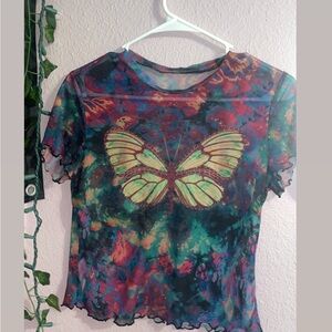 Sheer butterfly tee, multi colored 💚🖤🩷